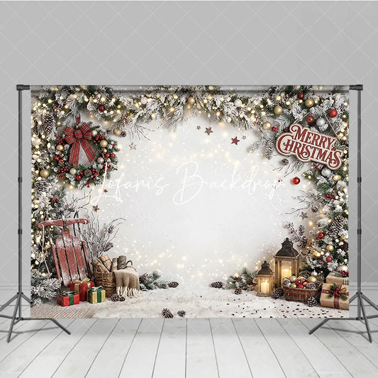 Lofaris Festive Snowy Pine Garland Christmas Holiday Backdrop with Warm String Lights Red Berries and Cozy Winter Gifts
