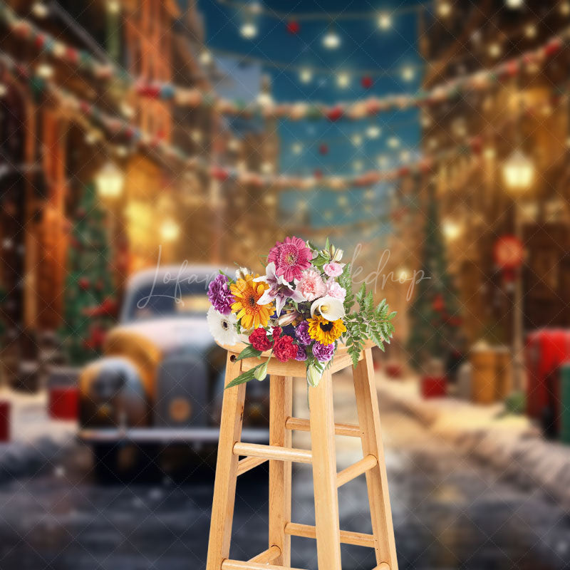 Lofaris Festive Snowy Town Street Lights Christmas Backdrop