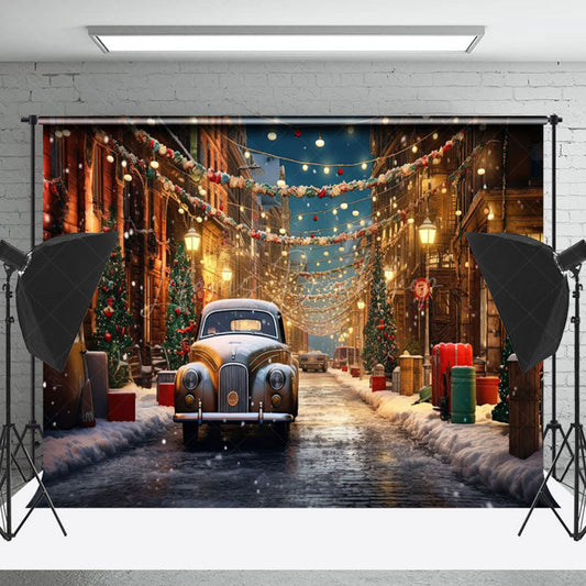 Lofaris Festive Snowy Town Street Lights Christmas Backdrop