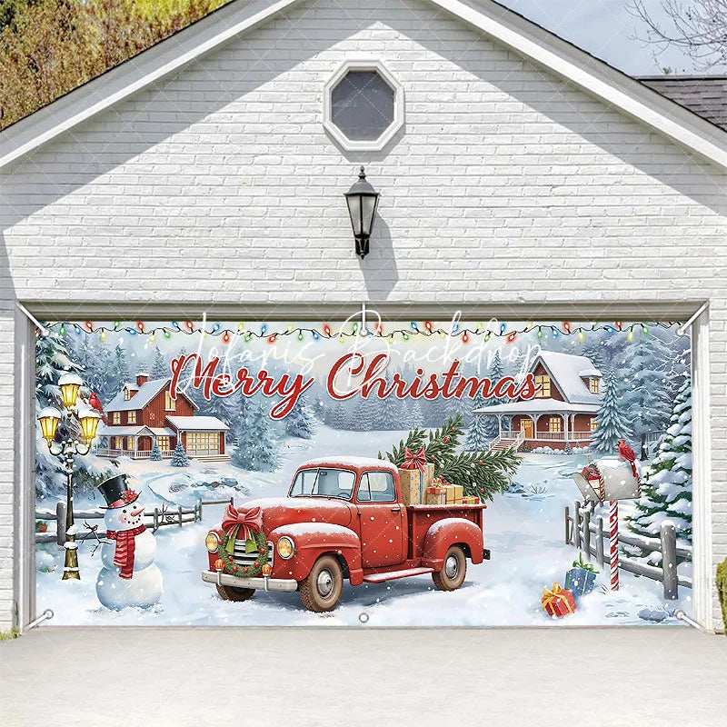 Lofaris Festive Snowy Village Red Truck Christmas Tree Garage Door Banner Merry Holiday Outdoor Decor