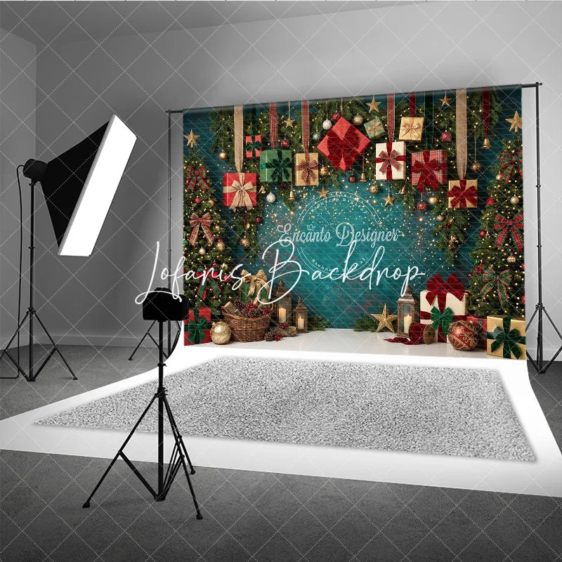 Lofaris Festive Teal Christmas Tree and Gift Boxes Holiday Backdrop with Sparkling Lights Elegant Winter Party Decor