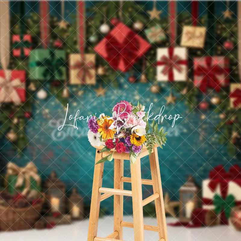 Lofaris Festive Teal Christmas Tree and Gift Boxes Holiday Backdrop with Sparkling Lights Elegant Winter Party Decor