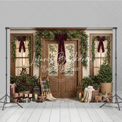 Lofaris Festive Winter Holiday Backdrop Decorated Wooden Door Christmas Garlands with Warm Lights Cozy Porch Decor
