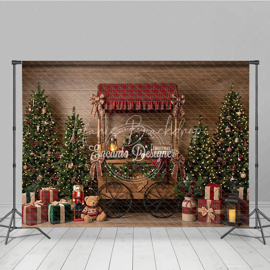 Lofaris Festive Winter Pine and Warm Lights Holiday Backdrop Rustic Wood Red Gold Ornament Decor Happy Holidays Party Banner