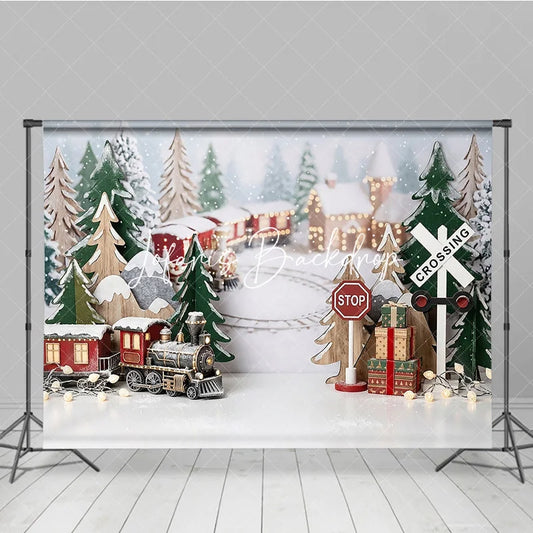 Lofaris Festive Winter Village Holiday Backdrop with Miniature Train Snow Covered Trees and Gift Boxes
