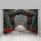 Lofaris Festive Wood Door Pine Trees Path Christmas Backdrop