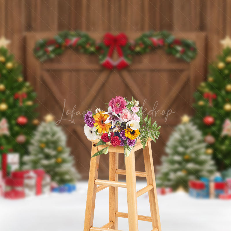 Lofaris Festive Wooden Door Xmas Trees Christmas Backdrop