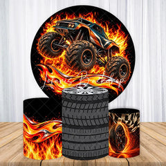 Lofaris Fiery Monster Truck Racing Tire and Checkered Flag Round Backdrop Kit Thrilling Birthday Party Decor