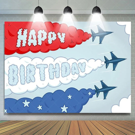 Lofaris Fighter Jet Birthday Backdrop Airplane Smoke Trail Text Sky Pilot Theme Party Supplies for Boy