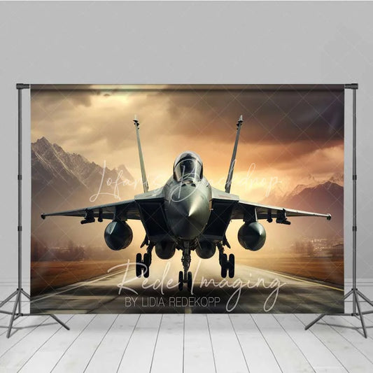 Lofaris Fighter Jet Runway Photography Backdrop Military Aircraft Mountain Sunset Background Cool Air Force Photo Prop