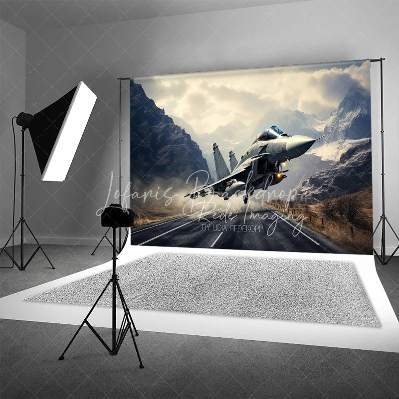 Lofaris Fighter Jet Taking Off over Mountain Road Backdrop Supersonic Aviation Photography Background