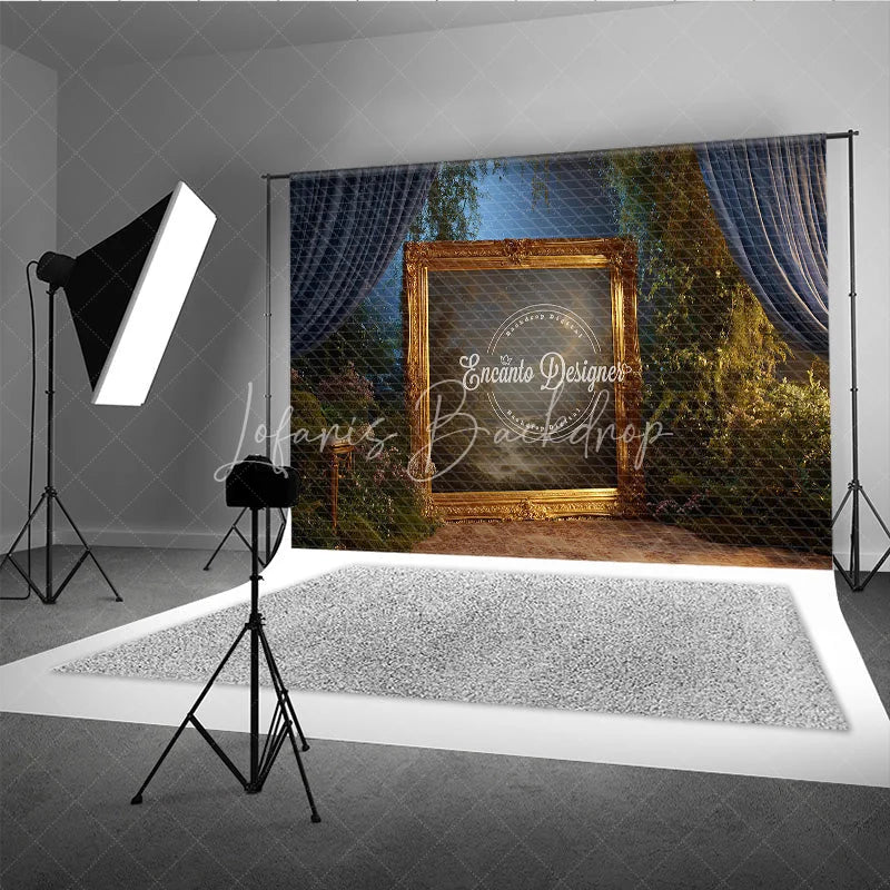 Lofaris Fine Art Backdrop Ornate Gold Frame in Enchanted Forest Magical Dark Curtains Photography Background Prop
