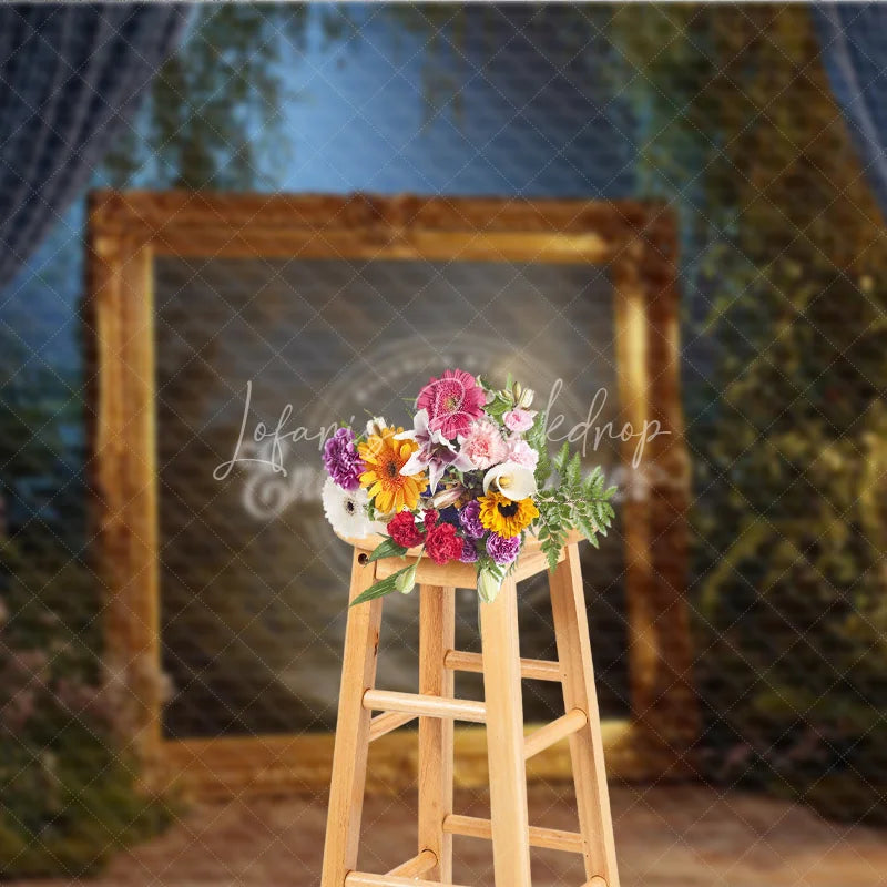 Lofaris Fine Art Backdrop Ornate Gold Frame in Enchanted Forest Magical Dark Curtains Photography Background Prop