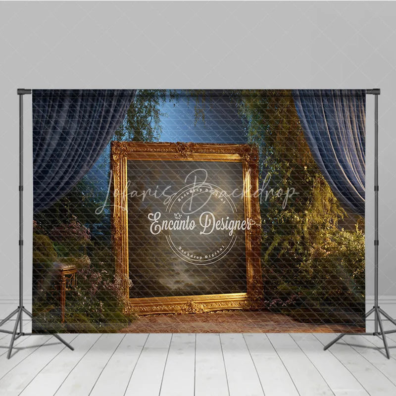 Lofaris Fine Art Backdrop Ornate Gold Frame in Enchanted Forest Magical Dark Curtains Photography Background Prop