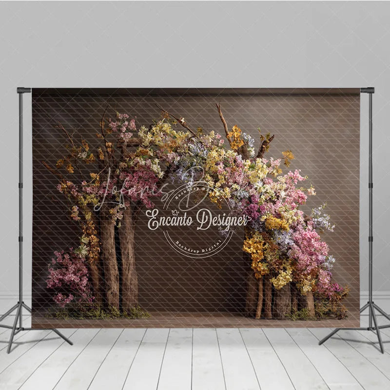 Lofaris Fine Art Floral Arch Photography Backdrop Rustic Wooden Branches with Spring Blossoms Painterly Photo Background