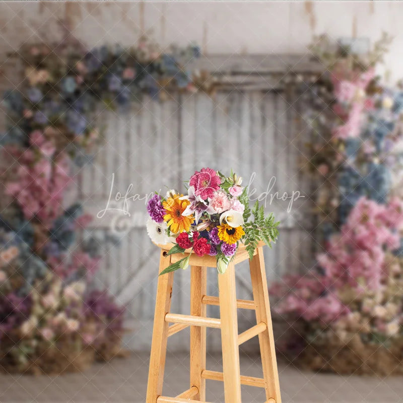 Lofaris Fine Art Floral Barn Door Photography Backdrop Rustic Wood Doors with Spring Flowers Painterly Photo Background
