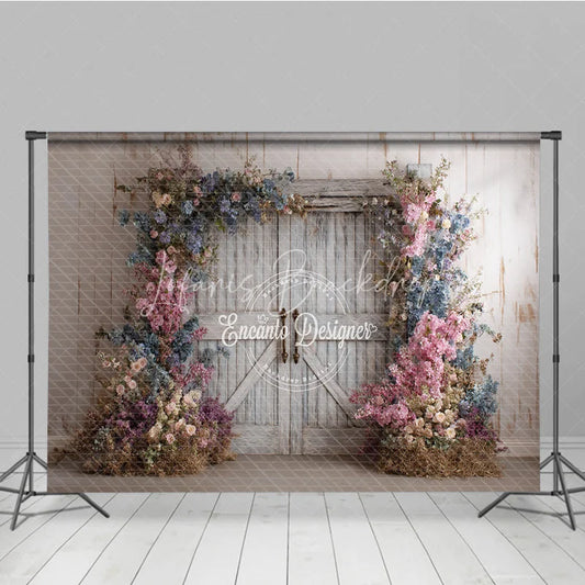 Lofaris Fine Art Floral Barn Door Photography Backdrop Rustic Wood Doors with Spring Flowers Painterly Photo Background