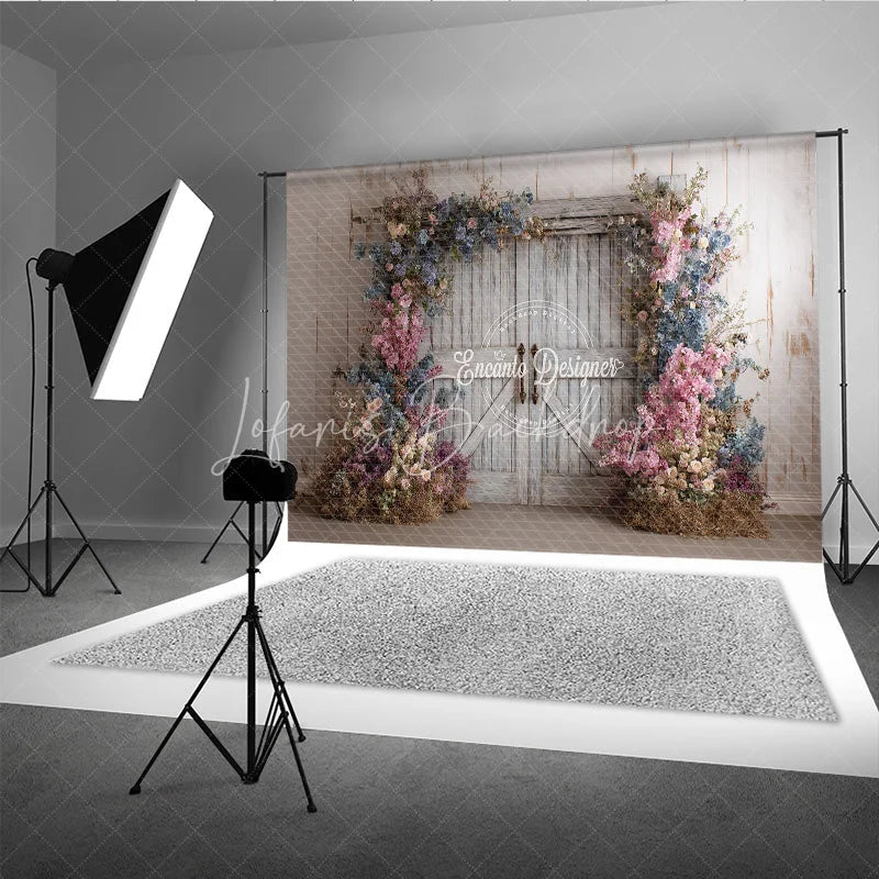 Lofaris Fine Art Floral Barn Door Photography Backdrop Rustic Wood Doors with Spring Flowers Painterly Photo Background