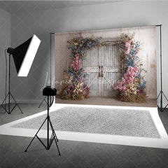 Lofaris Fine Art Floral Barn Door Photography Backdrop Rustic Wood Doors with Spring Flowers Painterly Photo Background