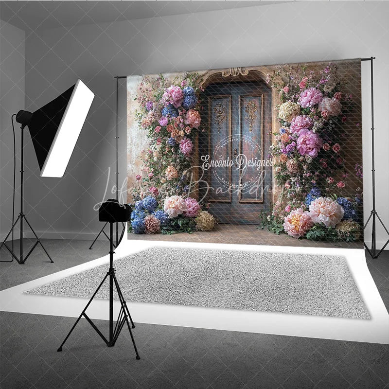 Lofaris Fine Art Floral Door Photography Backdrop Rustic Wood with Colorful Flowers Painterly Photo Background