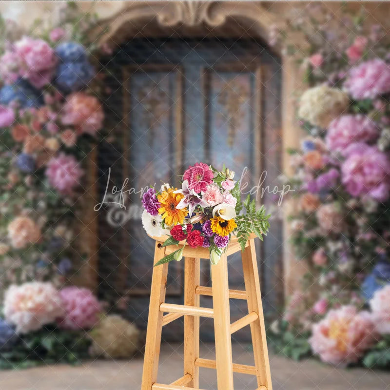 Lofaris Fine Art Floral Door Photography Backdrop Rustic Wood with Colorful Flowers Painterly Photo Background