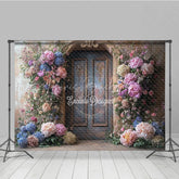 Lofaris Fine Art Floral Door Photography Backdrop Rustic Wood with Colorful Flowers Painterly Photo Background