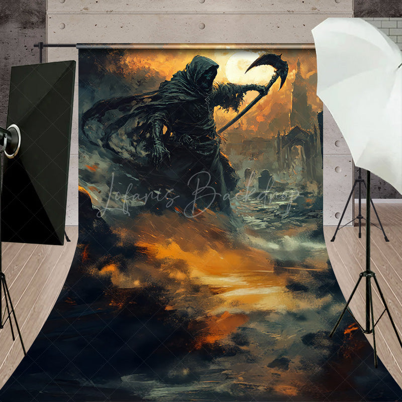 Lofaris Fine Art Grim Reaper Sweep Backdrop Fiery Graveyard Scene for Halloween Dark Fantasy Themed Portraits