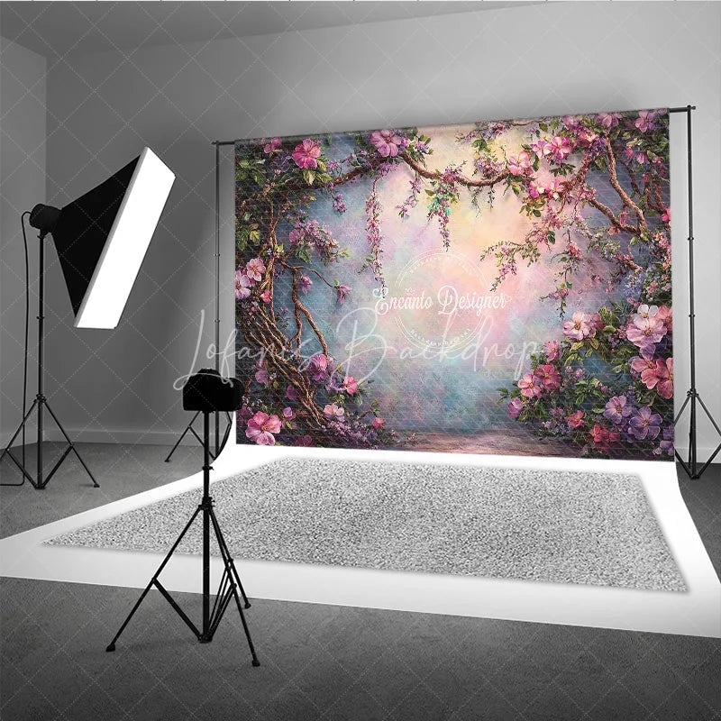 Lofaris Fine Art Photography Backdrop Enchanted Garden with Pink Flowers and Vines Painterly Magical Forest Background