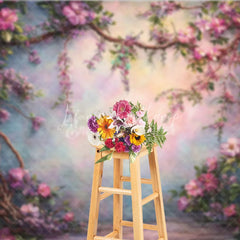 Lofaris Fine Art Photography Backdrop Enchanted Garden with Pink Flowers and Vines Painterly Magical Forest Background