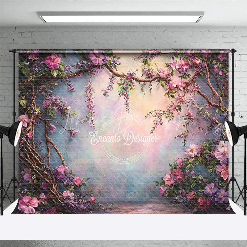 Lofaris Fine Art Photography Backdrop Enchanted Garden with Pink Flowers and Vines Painterly Magical Forest Background
