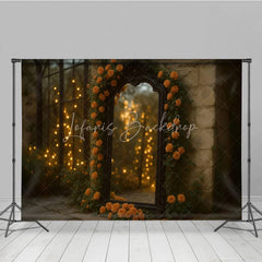 Lofaris Fine Art Photography Backdrop with Ornate Mirror Orange Roses and Bokeh Lights Romantic Moody Wedding Photo Booth