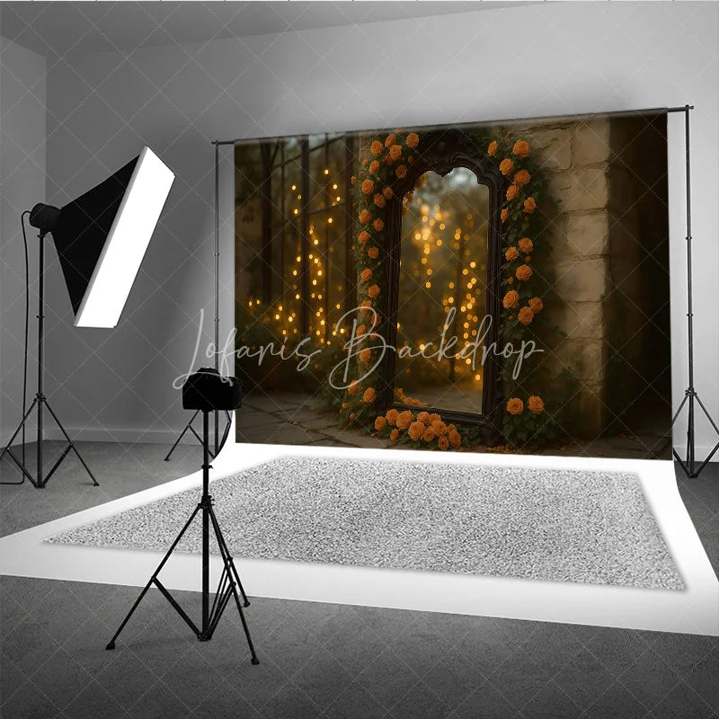 Lofaris Fine Art Photography Backdrop with Ornate Mirror Orange Roses and Bokeh Lights Romantic Moody Wedding Photo Booth