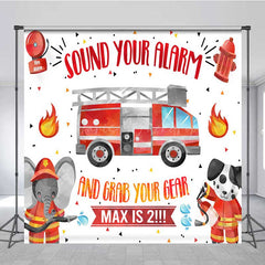 Lofaris Firefighter Second Birthday Backdrop Sound Your Alarm Fire Truck Banner Custom Name Little Fireman is 2 Party Decor