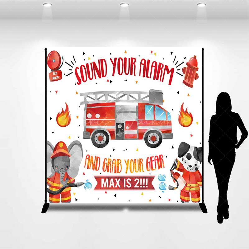 Lofaris Firefighter Second Birthday Backdrop Sound Your Alarm Fire Truck Banner Custom Name Little Fireman is 2 Party Decor