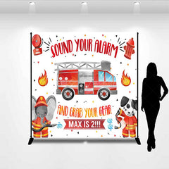Lofaris Firefighter Second Birthday Backdrop Sound Your Alarm Fire Truck Banner Custom Name Little Fireman is 2 Party Decor