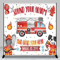 Lofaris Firefighter Second Birthday Backdrop Sound Your Alarm Fire Truck Banner Custom Name Little Fireman is 2 Party Decor