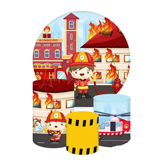 Lofaris Fireman in Action Birthday Round Backdrop Kit Firefighter with Helicopter Boys Rescue Hero Party Photo Prop