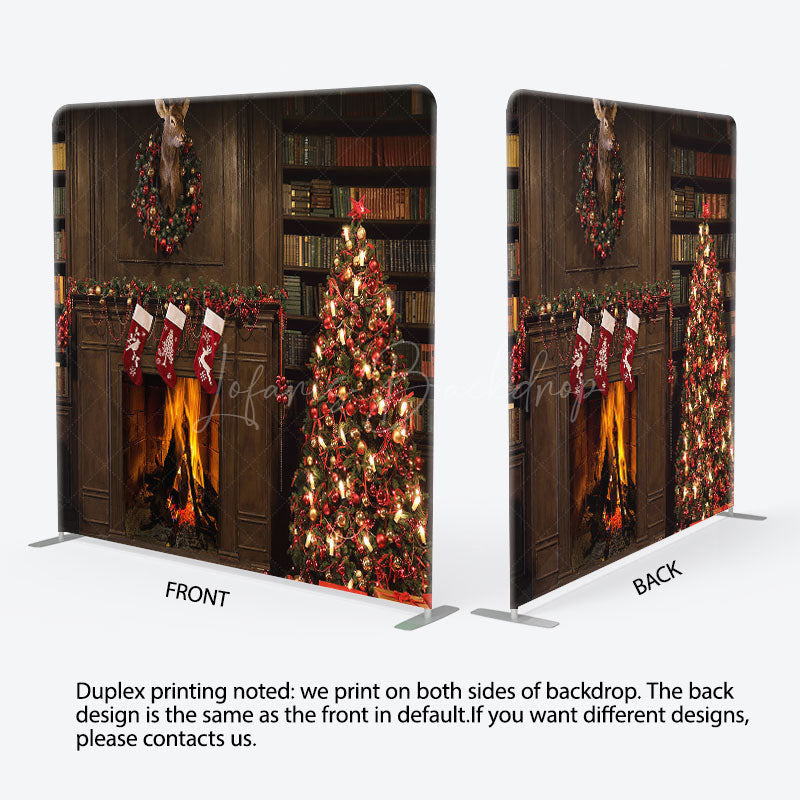 Lofaris Fireplace Bookshelf Christmas Pillow Case Backdrop