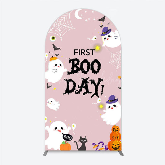 Lofaris First Boo Day Halloween Arch Backdrop for Birthday Cute Ghost and Pumpkin Spooky Themed Party Photo Prop