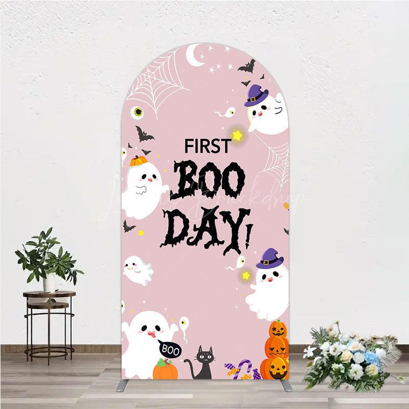 Lofaris First Boo Day Halloween Arch Backdrop for Birthday Cute Ghost and Pumpkin Spooky Themed Party Photo Prop
