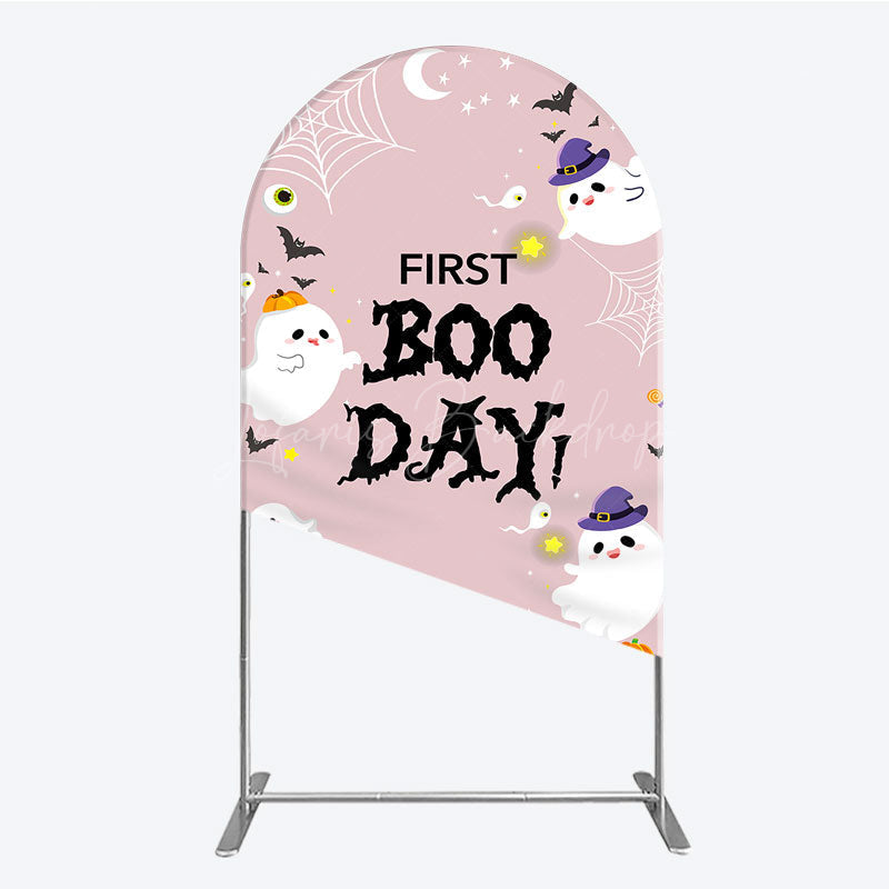 Lofaris First Boo Day Halloween Arch Backdrop for Birthday Cute Ghost and Pumpkin Spooky Themed Party Photo Prop