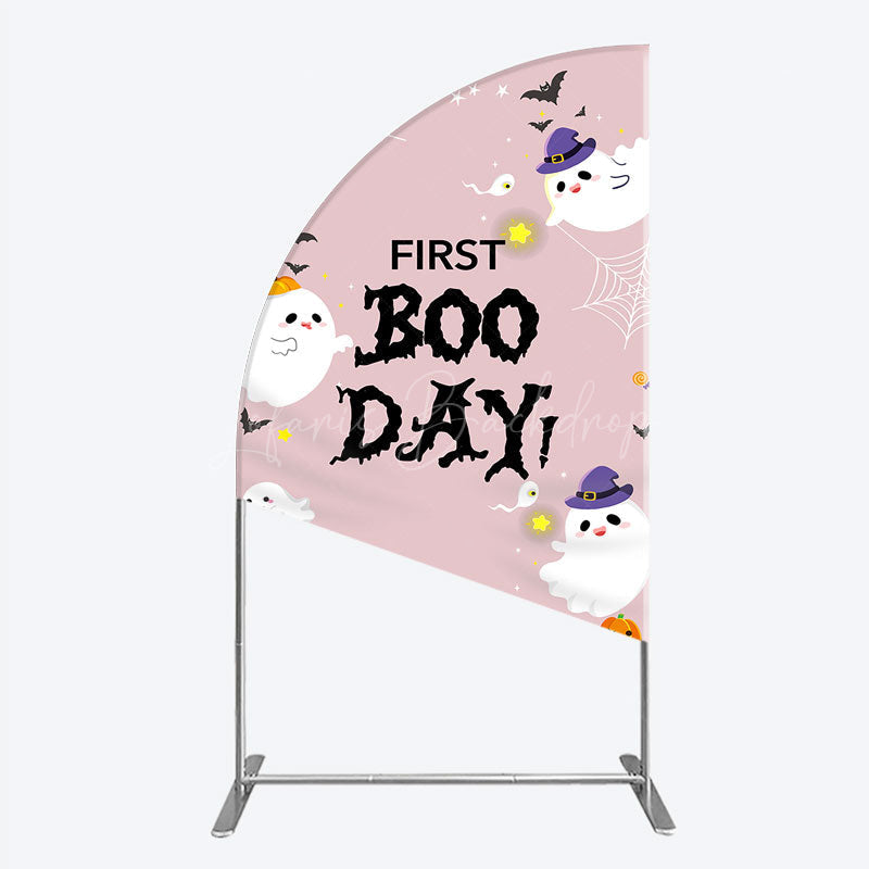 Lofaris First Boo Day Halloween Half Moon Arch Backdrop for Birthday Cute Ghost and Pumpkin Spooky Themed Party Photo Prop