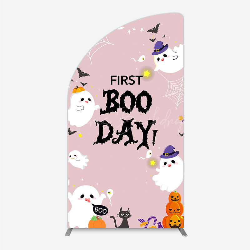 Lofaris First Boo Day Halloween Half Moon Arch Backdrop for Birthday Cute Ghost and Pumpkin Spooky Themed Party Photo Prop