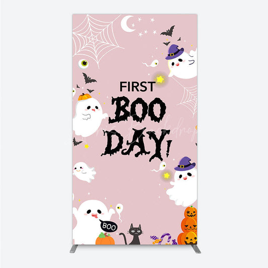 Lofaris First Boo Day Halloween Rectangle Backdrop for Birthday Cute Ghost and Pumpkin Spooky Themed Party Photo Prop