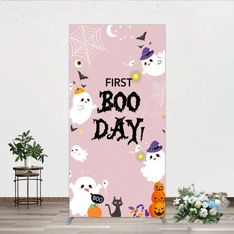Lofaris First Boo Day Halloween Rectangle Backdrop for Birthday Cute Ghost and Pumpkin Spooky Themed Party Photo Prop
