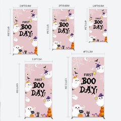 Lofaris First Boo Day Halloween Rectangle Backdrop for Birthday Cute Ghost and Pumpkin Spooky Themed Party Photo Prop