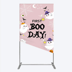 Lofaris First Boo Day Halloween Rectangle Backdrop for Birthday Cute Ghost and Pumpkin Spooky Themed Party Photo Prop