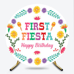Lofaris First Fiesta Happy Birthday Round Backdrop Colorful Mexican Themed Party Girls Uno Inspired Decor