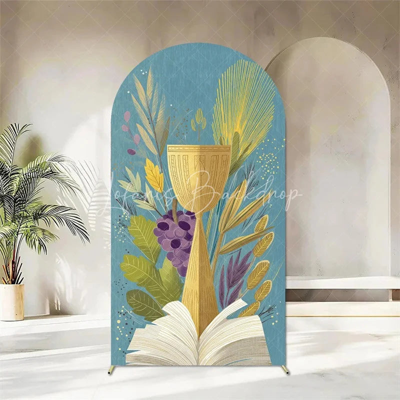 Lofaris First Holy Communion Arch Backdrop Religious Stained Glass Golden Chalice and Grapes Party Decor
