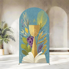 Lofaris First Holy Communion Arch Backdrop Religious Stained Glass Golden Chalice and Grapes Party Decor